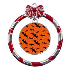 Halloween Card With Bats Flying Pattern Metal Red Ribbon Round Ornament by Hannah976