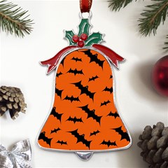 Halloween Card With Bats Flying Pattern Metal Holly Leaf Bell Ornament by Hannah976