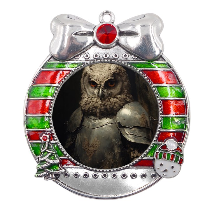 Owl Knight Metal X Mas Ribbon With Red Crystal Round Ornament