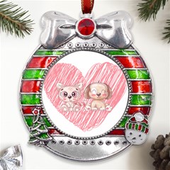 Cat Kitten Feline Pet Animal Cute Metal X mas Ribbon With Red Crystal Round Ornament by Sarkoni