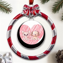 Dog Cat Animal Pet Heart Love Metal Red Ribbon Round Ornament by Sarkoni