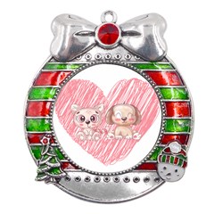 Dog Cat Animal Pet Heart Love Metal X mas Ribbon With Red Crystal Round Ornament by Sarkoni