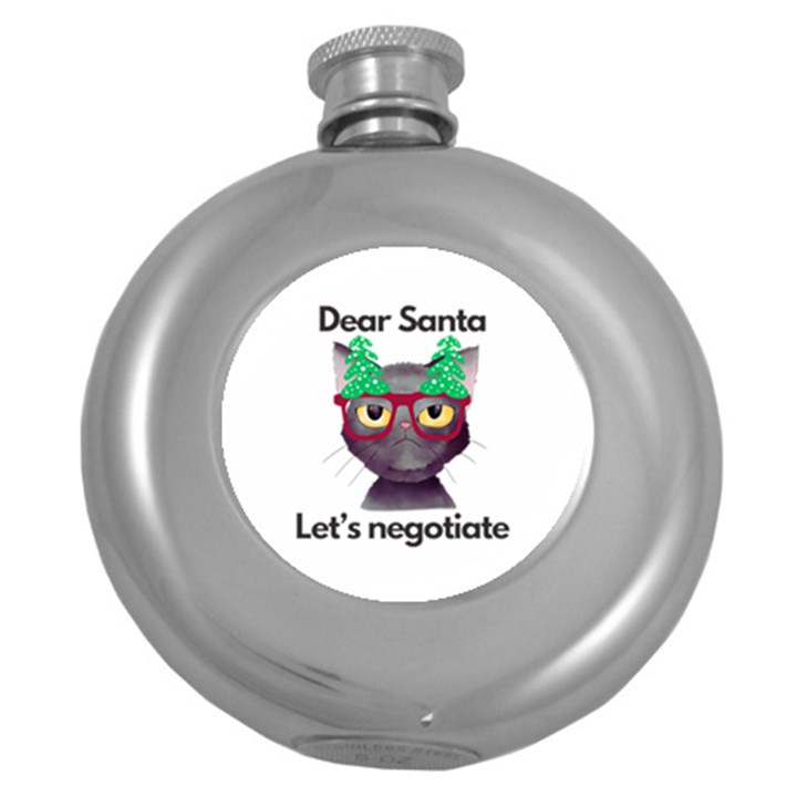 Cute Cat Glasses Christmas Tree Round Hip Flask (5 oz)