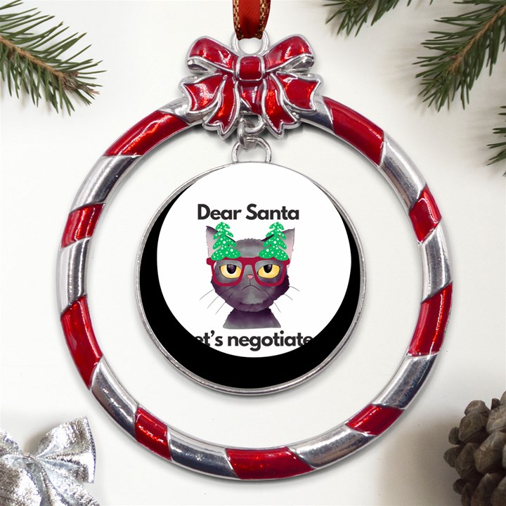 Cute Cat Glasses Christmas Tree Metal Red Ribbon Round Ornament