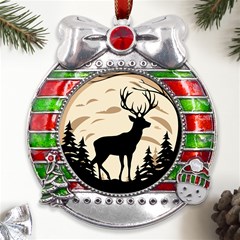 Deer Wildlife Metal X mas Ribbon With Red Crystal Round Ornament by Sarkoni