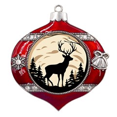 Deer Wildlife Metal Snowflake And Bell Red Ornament by Sarkoni