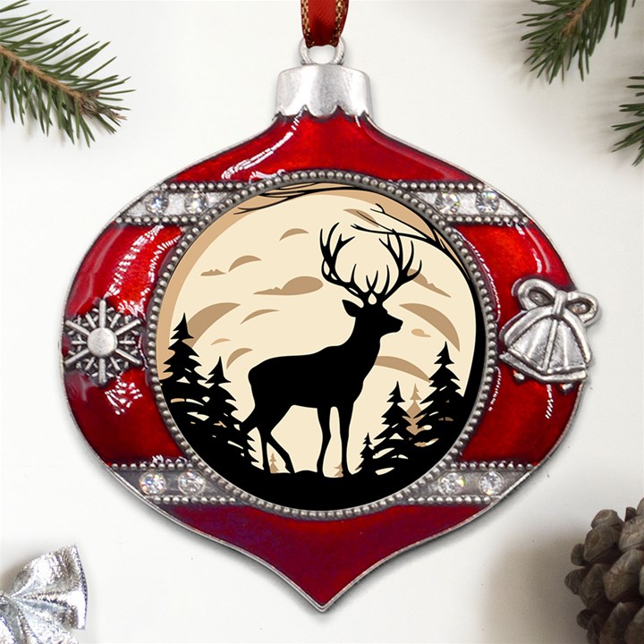 Deer Wildlife Metal Snowflake And Bell Red Ornament