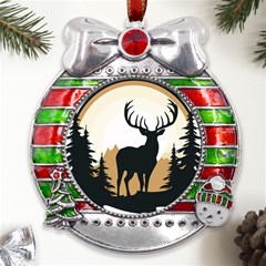 Deer Wildlife Nature Metal X mas Ribbon With Red Crystal Round Ornament by Sarkoni