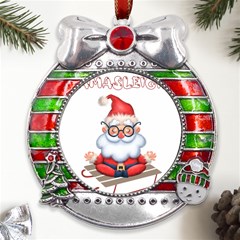 Santa Glasses Yoga Chill Vibe Metal X mas Ribbon With Red Crystal Round Ornament