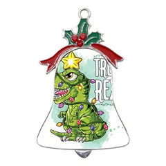 Dinosaur T-rex Dino Tyrannasaurus Metal Holly Leaf Bell Ornament by Sarkoni