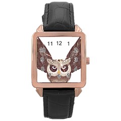 Owl Bird Feathers Rose Gold Leather Watch 