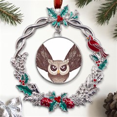 Owl Bird Feathers Metal X mas Wreath Holly Leaf Ornament