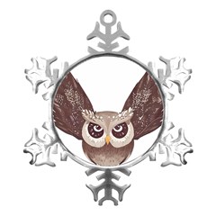 Owl Bird Feathers Metal Small Snowflake Ornament by Sarkoni