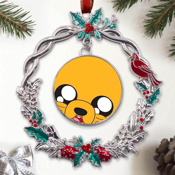 Adventure Time Cartoon Face Funny Happy Toon Metal X mas Wreath Holly leaf Ornament