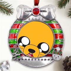 Adventure Time Cartoon Face Funny Happy Toon Metal X mas Ribbon With Red Crystal Round Ornament by Bedest