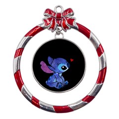 Stitch Love Cartoon Cute Space Metal Red Ribbon Round Ornament