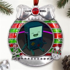 Bmo In Space  Adventure Time Beemo Cute Gameboy Metal X mas Ribbon With Red Crystal Round Ornament by Bedest