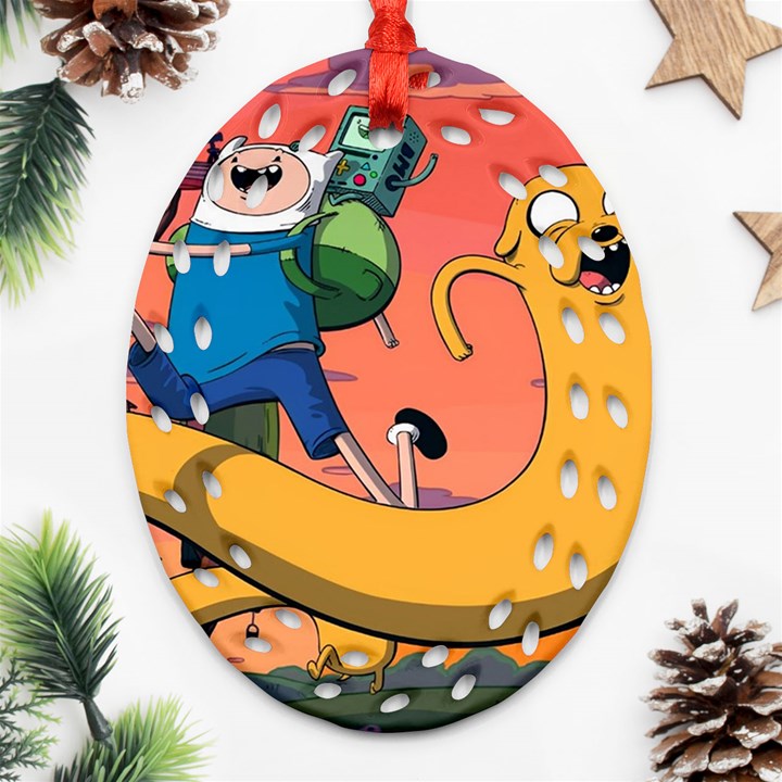 Finn And Jake Adventure Time Bmo Cartoon Oval Filigree Ornament (Two Sides)