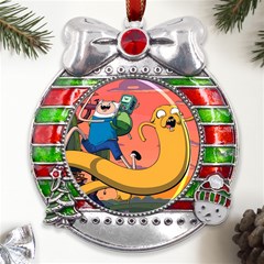 Finn And Jake Adventure Time Bmo Cartoon Metal X mas Ribbon With Red Crystal Round Ornament by Bedest