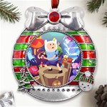 Cartoon Adventure Time Finn Princess Bubblegum Lumpy Space Metal X Mas Ribbon With Red Crystal Round Ornament Front