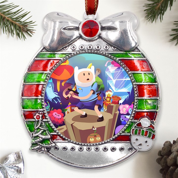 Cartoon Adventure Time Finn Princess Bubblegum Lumpy Space Metal X Mas Ribbon With Red Crystal Round Ornament