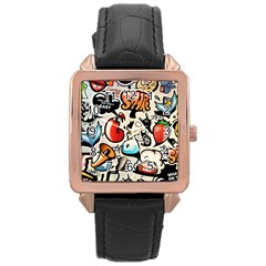 Comical Words Animals Comic Omics Crazy Graffiti Rose Gold Leather Watch  by Bedest