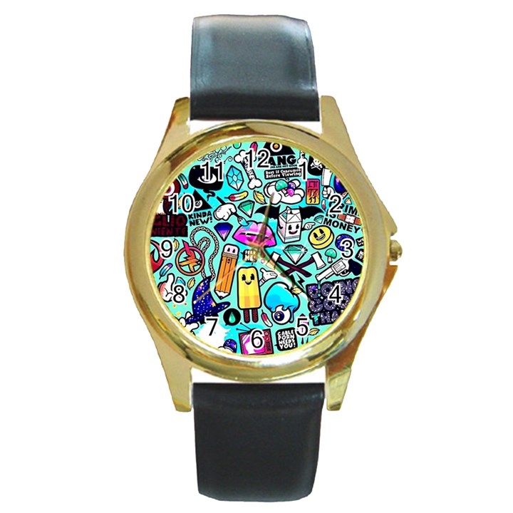 Graffiti Pop Art Crazy Retro Round Gold Metal Watch