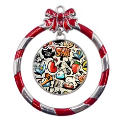 Comical Words Animals Comic Omics Crazy Graffiti Metal Red Ribbon Round Ornament