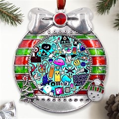 Graffiti Pop Art Crazy Retro Metal X mas Ribbon With Red Crystal Round Ornament by Bedest