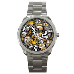 Boom Bang Art Crazy Drawing Graffiti Hello Retro Sayings Yellow Sport Metal Watch