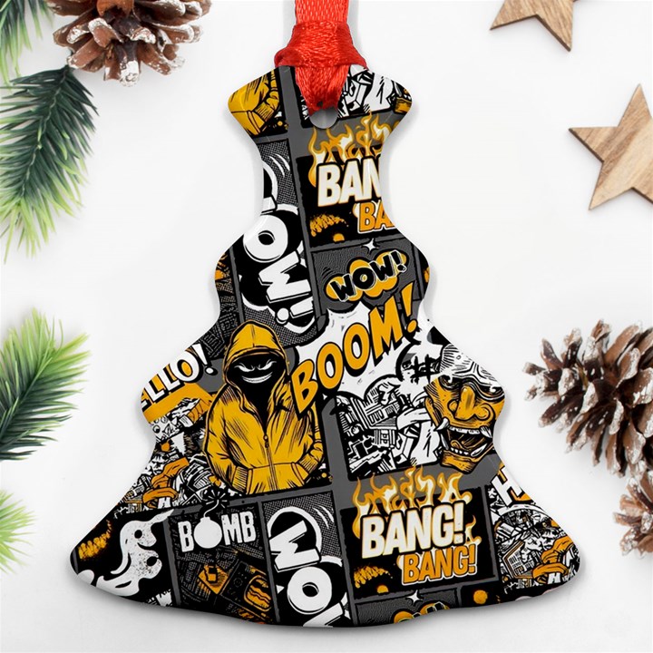 Boom Bang Art Crazy Drawing Graffiti Hello Retro Sayings Yellow Ornament (Christmas Tree) 