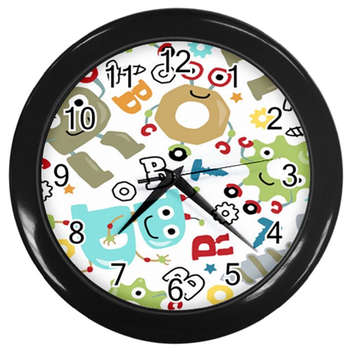 Seamless Pattern Vector With Funny Robots Cartoon Wall Clock (Black)