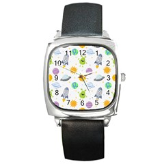 Seamless Pattern Cartoon Space Planets Isolated White Background Square Metal Watch