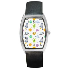 Seamless Pattern Cartoon Space Planets Isolated White Background Barrel Style Metal Watch