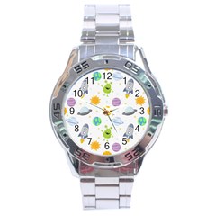 Seamless Pattern Cartoon Space Planets Isolated White Background Stainless Steel Analogue Watch by Hannah976