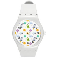 Seamless Pattern Cartoon Space Planets Isolated White Background Round Plastic Sport Watch (M)