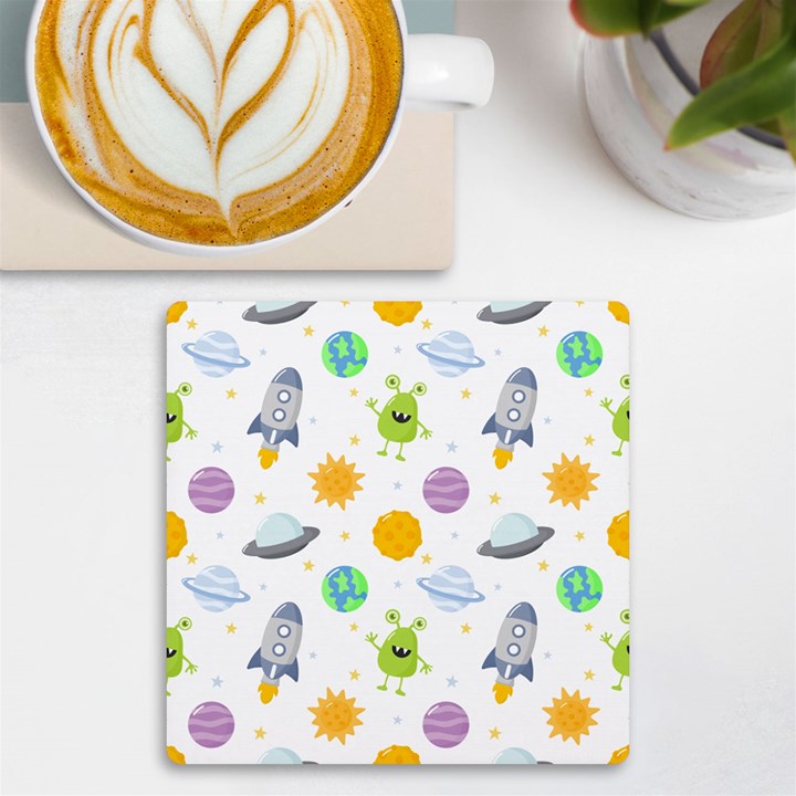 Seamless Pattern Cartoon Space Planets Isolated White Background UV Print Square Tile Coaster 