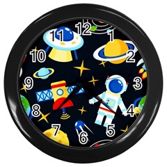 Space Seamless Pattern Cartoon Art Wall Clock (black) by Hannah976