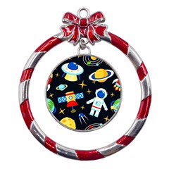 Space Seamless Pattern Cartoon Art Metal Red Ribbon Round Ornament by Hannah976