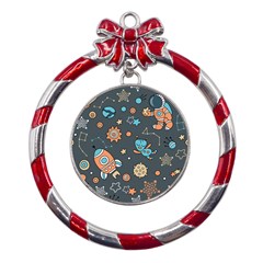 Space Seamless Pattern Art Metal Red Ribbon Round Ornament by Hannah976