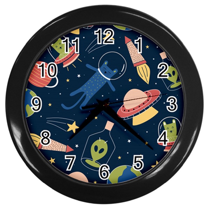 Seamless Pattern With Funny Aliens Cat Galaxy Wall Clock (Black)