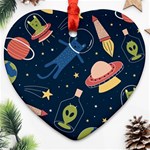 Seamless Pattern With Funny Aliens Cat Galaxy Heart Ornament (Two Sides) Front