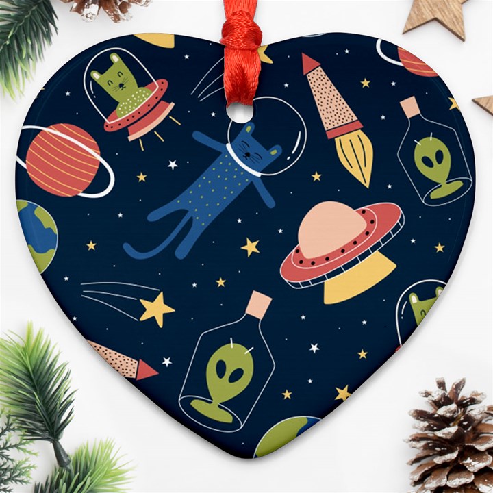 Seamless Pattern With Funny Aliens Cat Galaxy Heart Ornament (Two Sides)