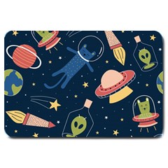 Seamless Pattern With Funny Aliens Cat Galaxy Large Doormat by Hannah976