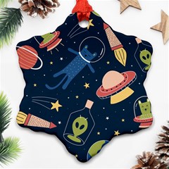 Seamless Pattern With Funny Aliens Cat Galaxy Ornament (snowflake) by Hannah976