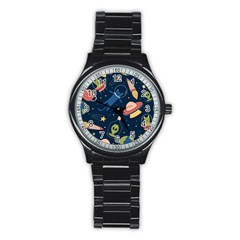 Seamless Pattern With Funny Aliens Cat Galaxy Stainless Steel Round Watch by Hannah976