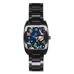 Seamless Pattern With Funny Aliens Cat Galaxy Stainless Steel Barrel Watch by Hannah976