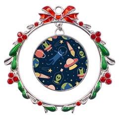 Seamless Pattern With Funny Aliens Cat Galaxy Metal X mas Wreath Ribbon Ornament by Hannah976