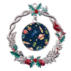 Seamless Pattern With Funny Aliens Cat Galaxy Metal X mas Wreath Holly Leaf Ornament