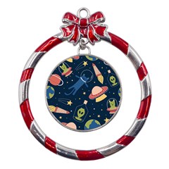 Seamless Pattern With Funny Aliens Cat Galaxy Metal Red Ribbon Round Ornament by Hannah976